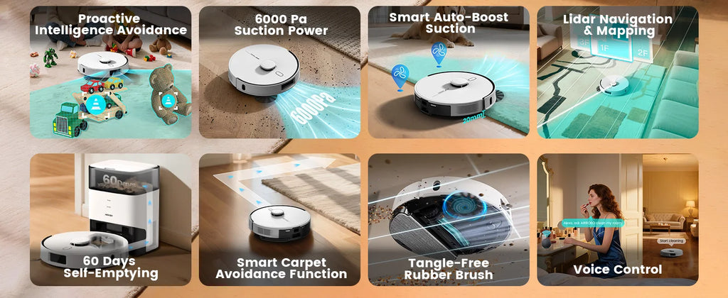 AIRROBO L60+ Robot Vacuum and Mop, Self-Emptying, 6000PA, 240min, Proactive Intelligence Obstacle Avoidance, Carpet Detection
