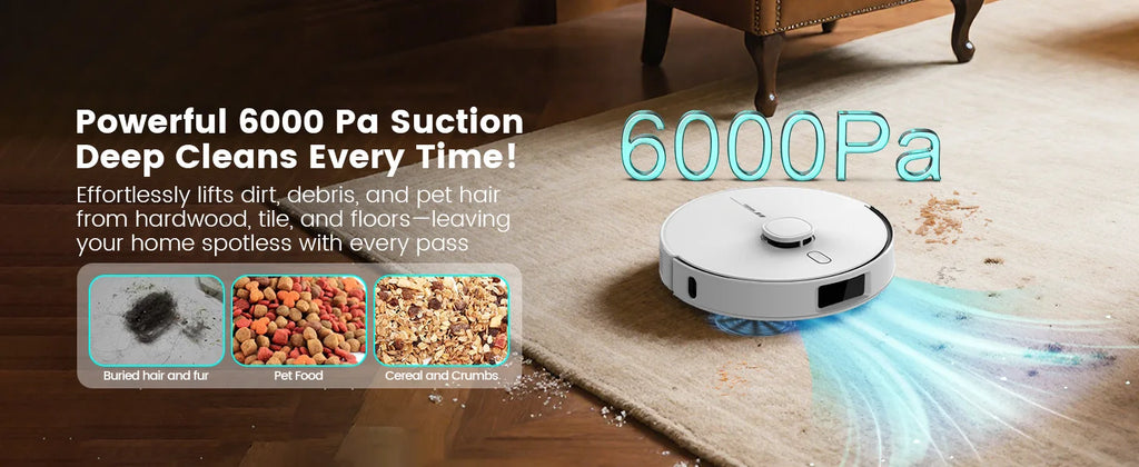 AIRROBO L60+ Robot Vacuum and Mop, Self-Emptying, 6000PA, 240min, Proactive Intelligence Obstacle Avoidance, Carpet Detection