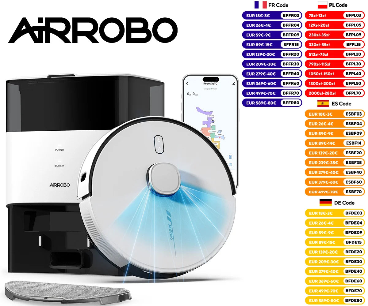 AIRROBO L60+ Robot Vacuum and Mop, Self-Emptying, 6000PA, 240min, Proactive Intelligence Obstacle Avoidance, Carpet Detection