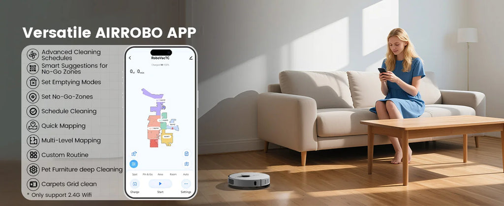 AIRROBO L60+ Robot Vacuum and Mop, Self-Emptying, 6000PA, 240min, Proactive Intelligence Obstacle Avoidance, Carpet Detection
