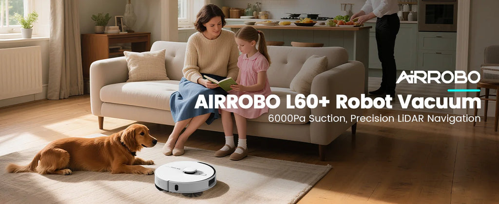 AIRROBO L60+ Robot Vacuum and Mop, Self-Emptying, 6000PA, 240min, Proactive Intelligence Obstacle Avoidance, Carpet Detection